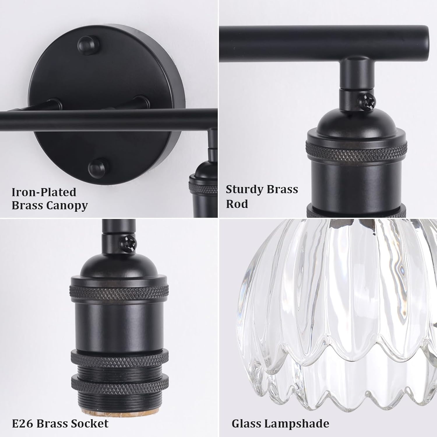 Bathroom Light Fixtures, 2-Light Black Vanity Wall Light Over Mirror with Clear Tulip Glass Shade for Bedroom Living Room (Bulb Not Included)