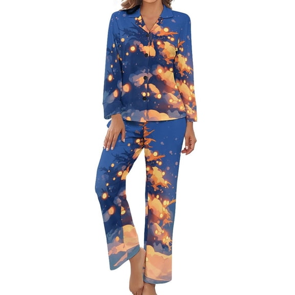 PoBuds Women's Long Sleeve Flannel Pajama Set Sleepwear Christmas Tree Light XL