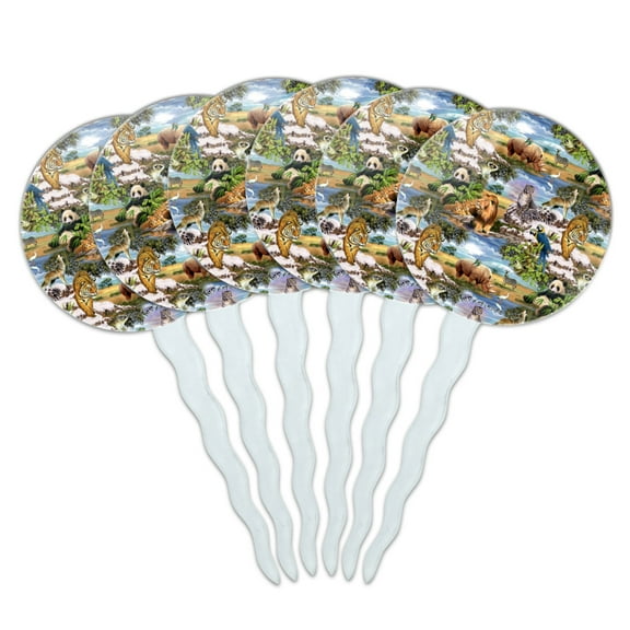 World Wildlife Snow Leopard Rhino Wolf Lion Pattern Cupcake Picks Toppers Decoration Set of 6