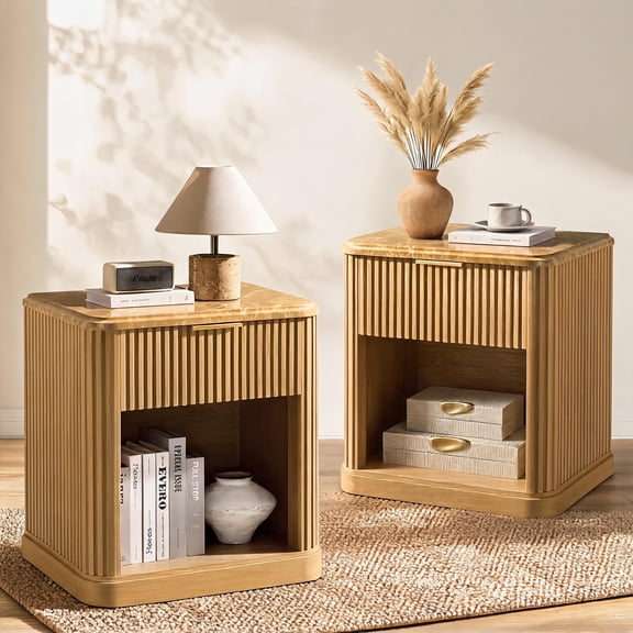 Fluted Nightstands Set of 2, Wood Night Stand with Charging Station and Storage Drawer, 22.8" Wide Faux Marble Top Bedside Table for Bedroom, Living Room, Natural Oak