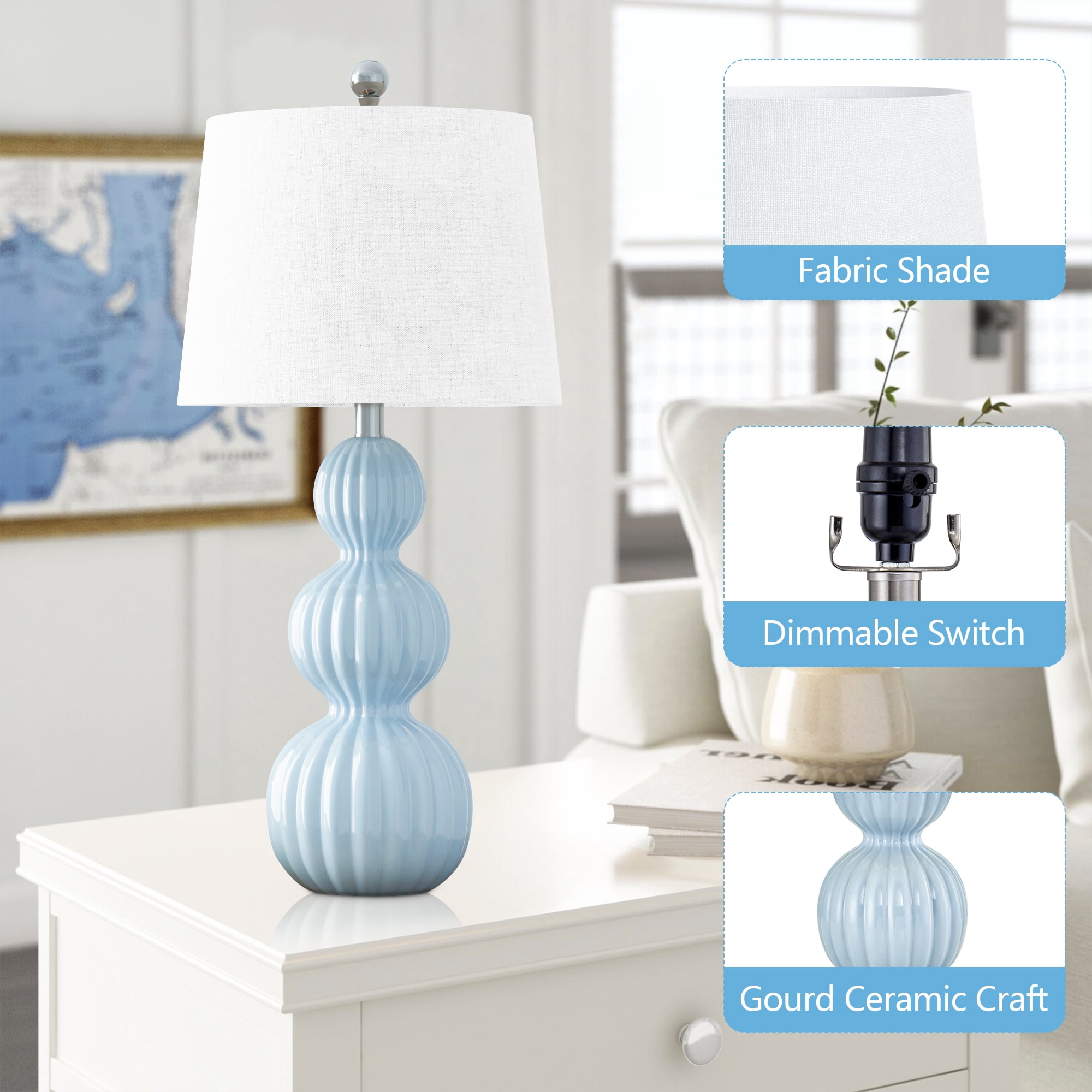 Maxax Blue Ceramic Table Lamps Set of 2, 28-Inch Triple Gourd Design with White Shade for Living Room, Bedroom, Office