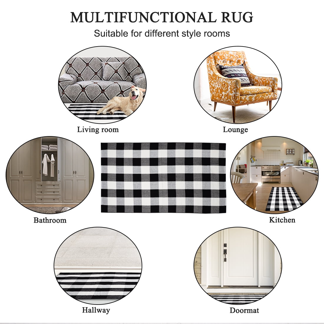 Unique Bargains Cotton Woven Checkered Area Rugs Floor Rug Carpet Mat Black & White 59"x35"