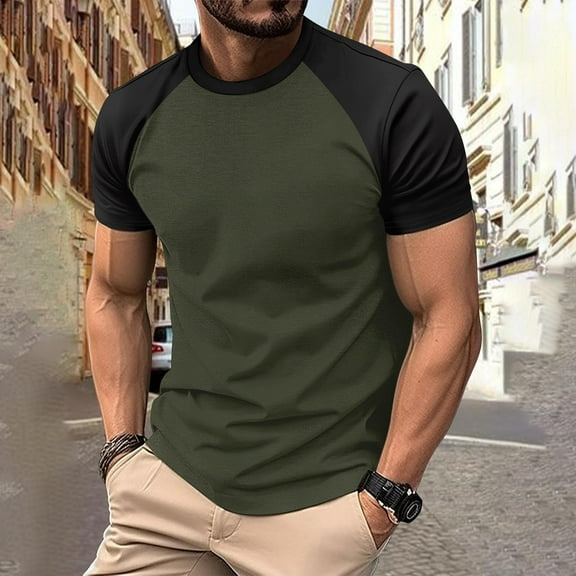 Zylanna Men's Casual Shirts Tee, Loose Fit Fashion Crew Neck Color Block Patching Short Sleeve Breathable Summer Tops for Man Army Green Size M