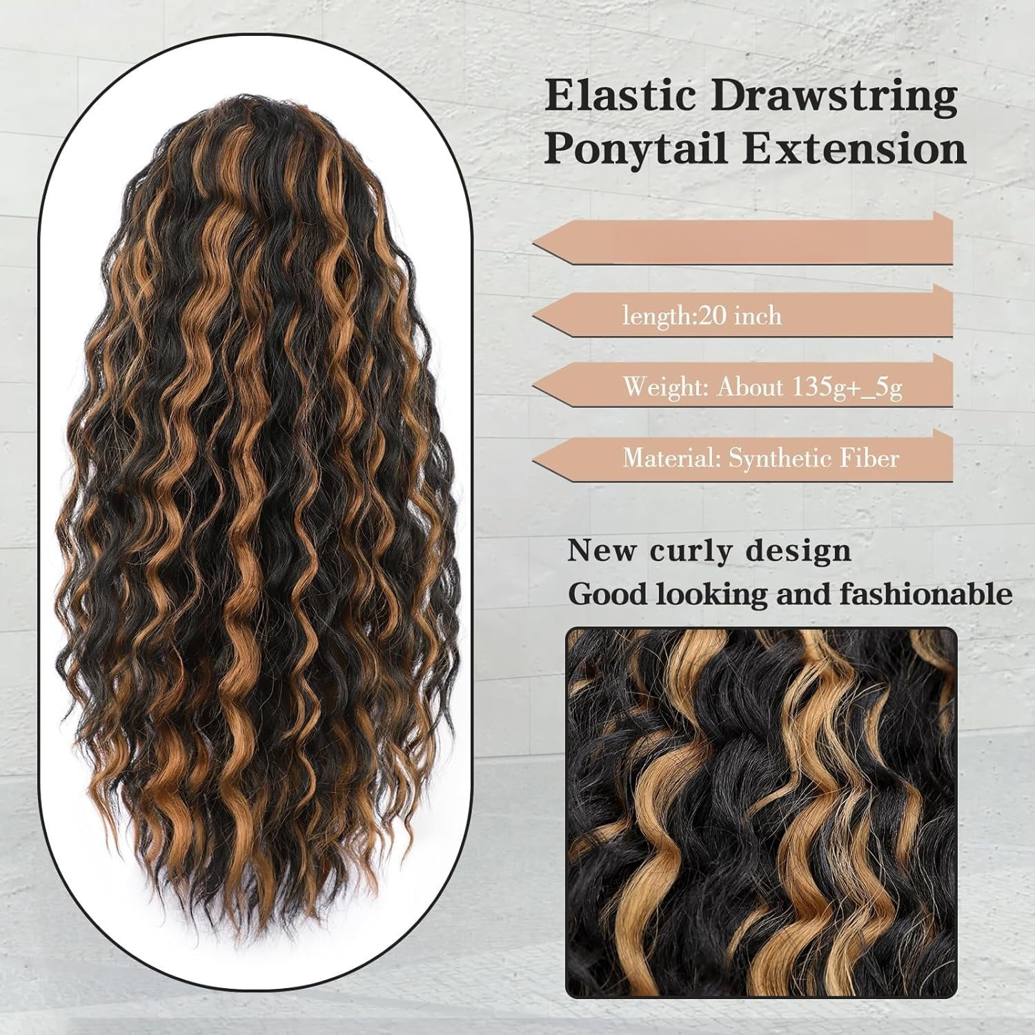 Ponytail Extension,Curly Drawstring Ponytail Synthetic Hair Ponytail Extension for Black Women 20Inch Long Curly Wavy Synthetic Ponytails Hair Extensions