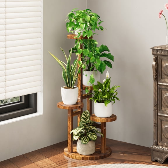 BF 5 Tiered Tall Plant Stand for Indoor, Wood Plant Shelf Corner Display Rack, Multi-tier Planter Pot Holder Flower Stand for Living Room Balcony Garden Patio