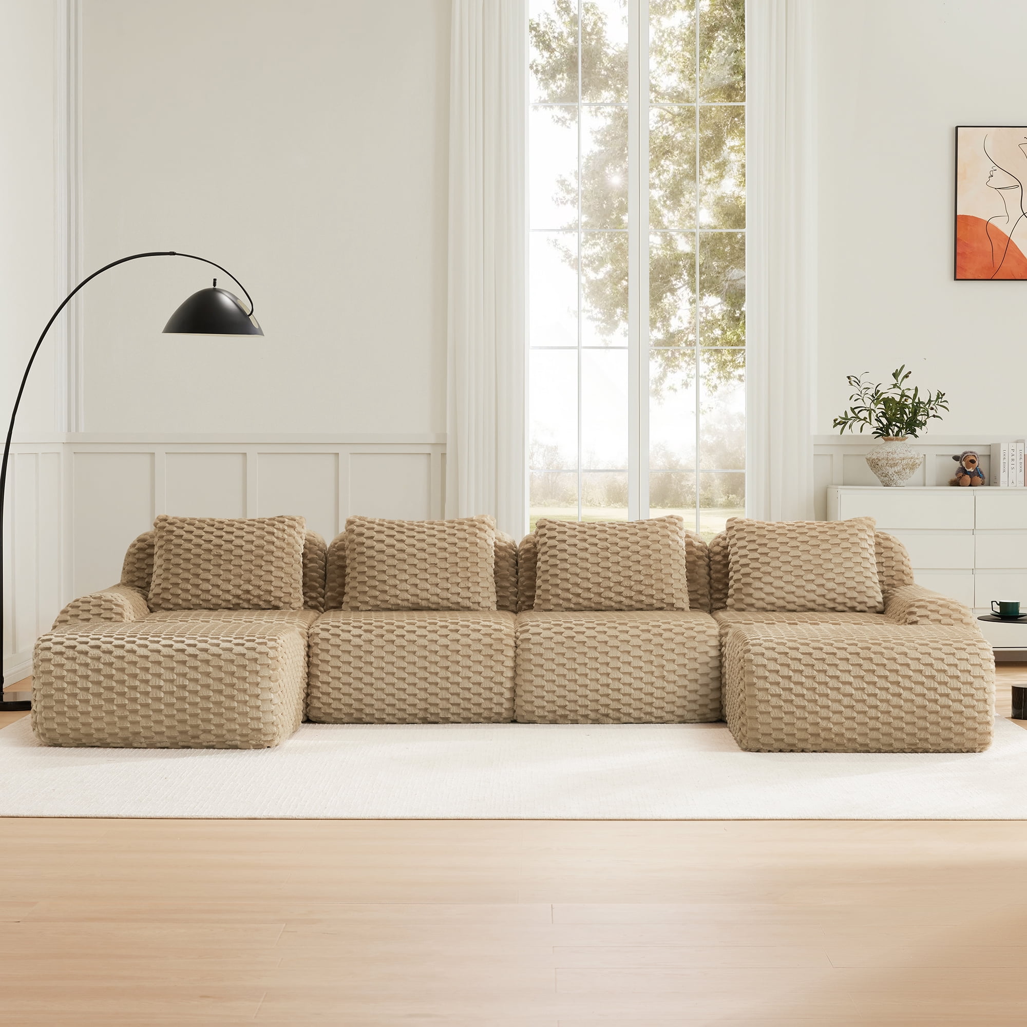 MAYEERTY 146" U-Shaped 4-Seater Modular Sofa, Textured Flannelette, Movable Ottoman, Boneless, No Assembly, Light Camel