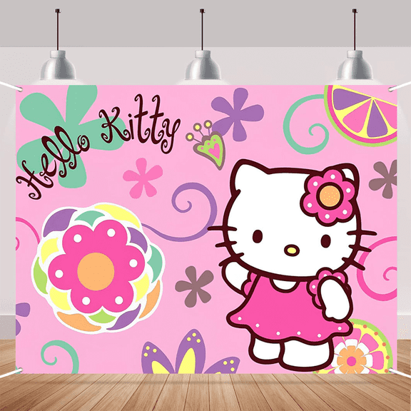 7x5ft Kawaii Cat Colorfully Flowers Birthday Backdrop for Girl