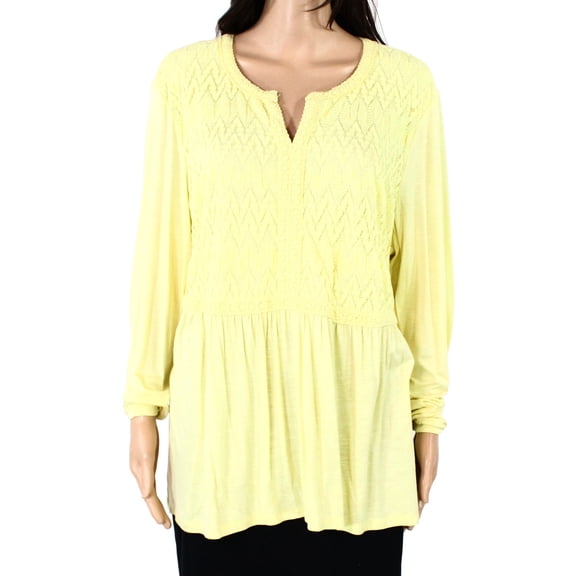 Womens Top Slub Knit Lace Crochet Split Neck XL