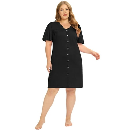 

Xmarks Sleepwear for Women Lace-trim V Neck Nightgown Pj Dress Soft Short Sleeve Nightdress Plus Size Black XL