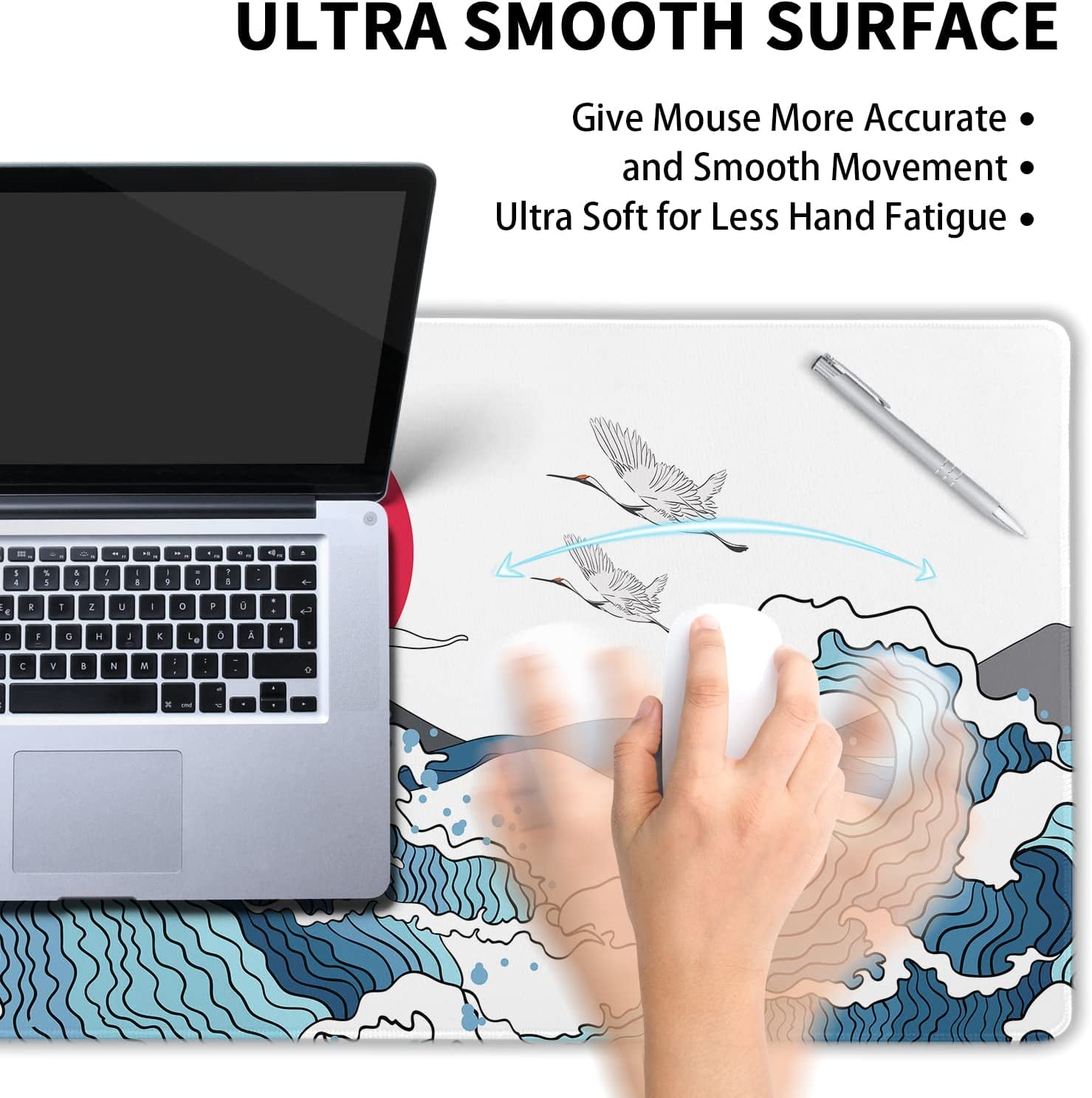 Japanese White and Blue Wave Mouse Pad 35.4 X 15.7 Inch Crane Hill Red Sun Extended Large Cool Mouse Mat Non-Slip Rubber Base Mousepad with Stitched Edges Waterproof Desk Pad for Gaming&Home Office,XL