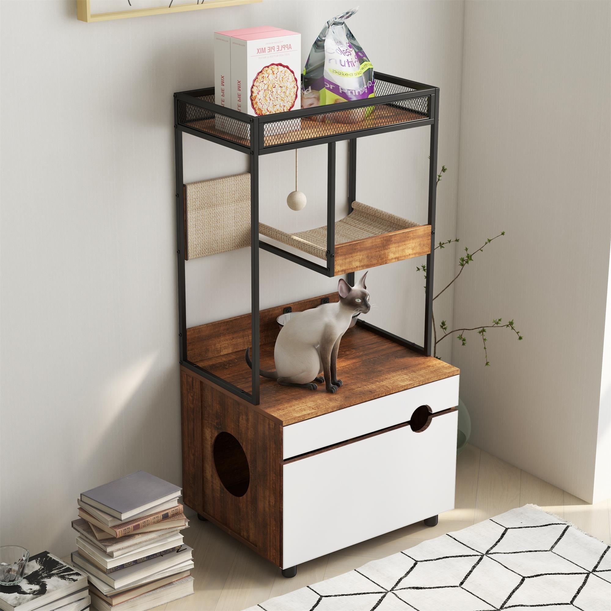 resenkos 48" Hidden Cat Litter Box Enclosure Furniture with Cat Tree Tower, Iron and Wood Structure Privacy Cat House Washroom, Brown