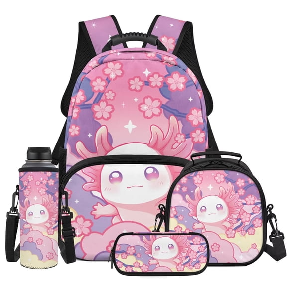 XYZCANDO Axolotl Cherry Blossom School Backpack Set 4Pcs with Portable Lunch Bag Multifunctional Pencil Case Water Bottle Bag Carrier Suitable for Elementary Middle School