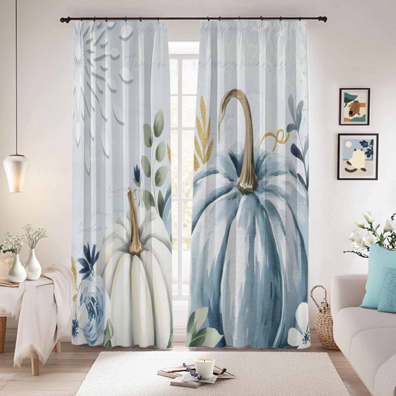 Fall Blue Pumpkins Blackout Curtains for Bedroom/Living Room, Pinch Pleated Black Out Curtains, Coastal Ocean Flower Eucalyptus Leaves Room Darkening Window Drapes with Hooks 2 Panels, 39"x70"
