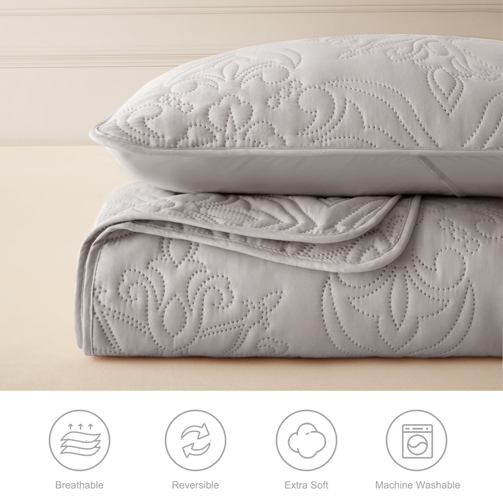 Whale Flotilla Soft Twin Quilt Bedding Set for All Seasons, Elegant Vintage Damask Ultrasonic Quilts Set, Lightweight Reversible Bedspread, Coverlet, Bed Cover with 1 Pillow Sham, Light Grey