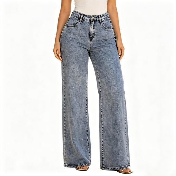 Miluxas Women's Rhinestone Embellished Jeans High Waist Loose Wide Leg Jeans Y2K Casual Denim Pants with Pockets for Dailywear & Streetwear Light Blue