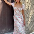 thumbnail image 5 of Womens Summer Floral Midi Dress 2024 Casual Boho Dresses Short Sleeve A-line Square Neck Tie Front Cutout Spring Dress, 5 of 6