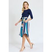 Vivid 3/4 Sleeve Multi Color Stripe Sash Midi Dress | S-3X
