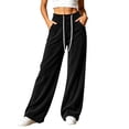 thumbnail image 2 of Sunnin Womens Cotton Corduroy Wide Leg Pants High Waist Contrast Drawstring Side Pockets Casual Lounge Trousers, 2 of 7