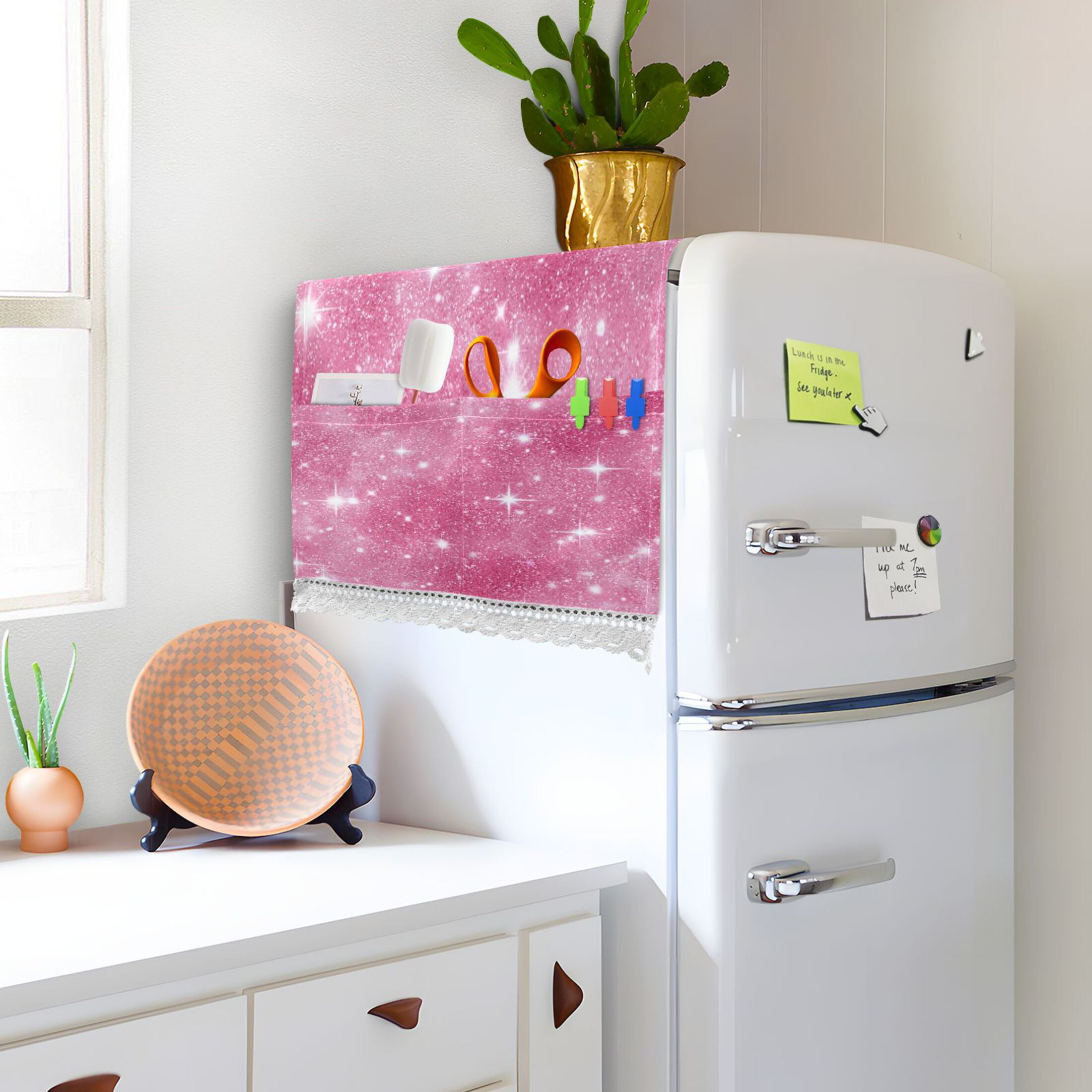 Dustproof Washing Machine Cloth Washer and Dryer Top Covers, Fridge Dust Cover, With Storage Bags Pink Glitter Background