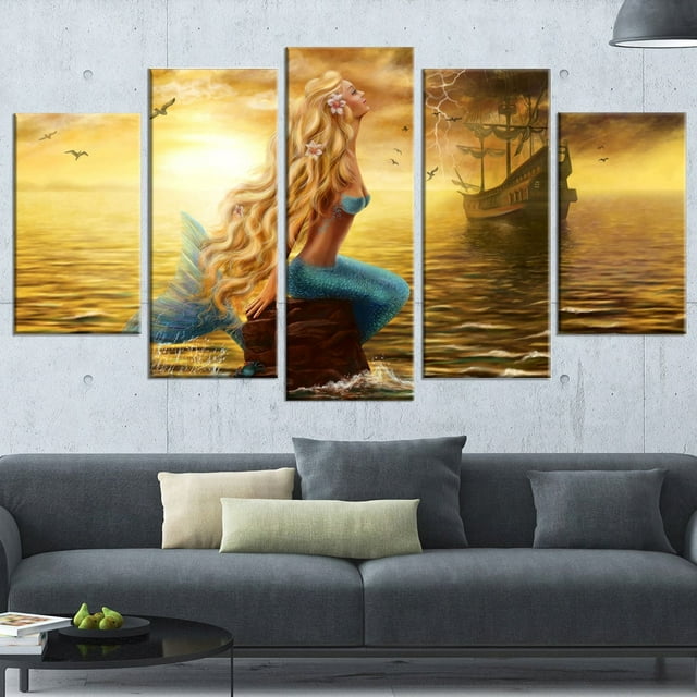 Tableau imprimé sur toile Design Art sirène de la mer et bateau