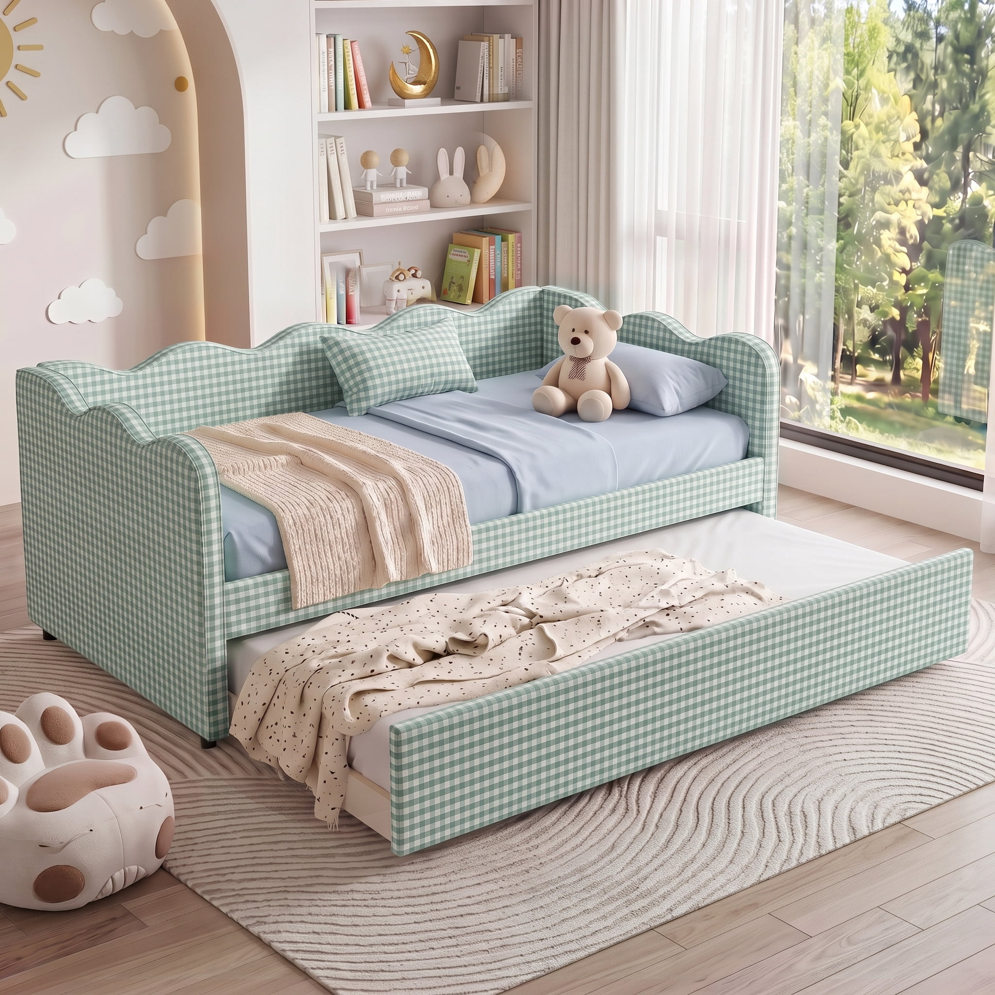 avobird Cozy Gingham Daybed with Trundle Queen Size Sofa Bed for Living Room, Sleeper Sofa with USB Port and Adorable Wave Shaped, Linen Fabric, Cyan