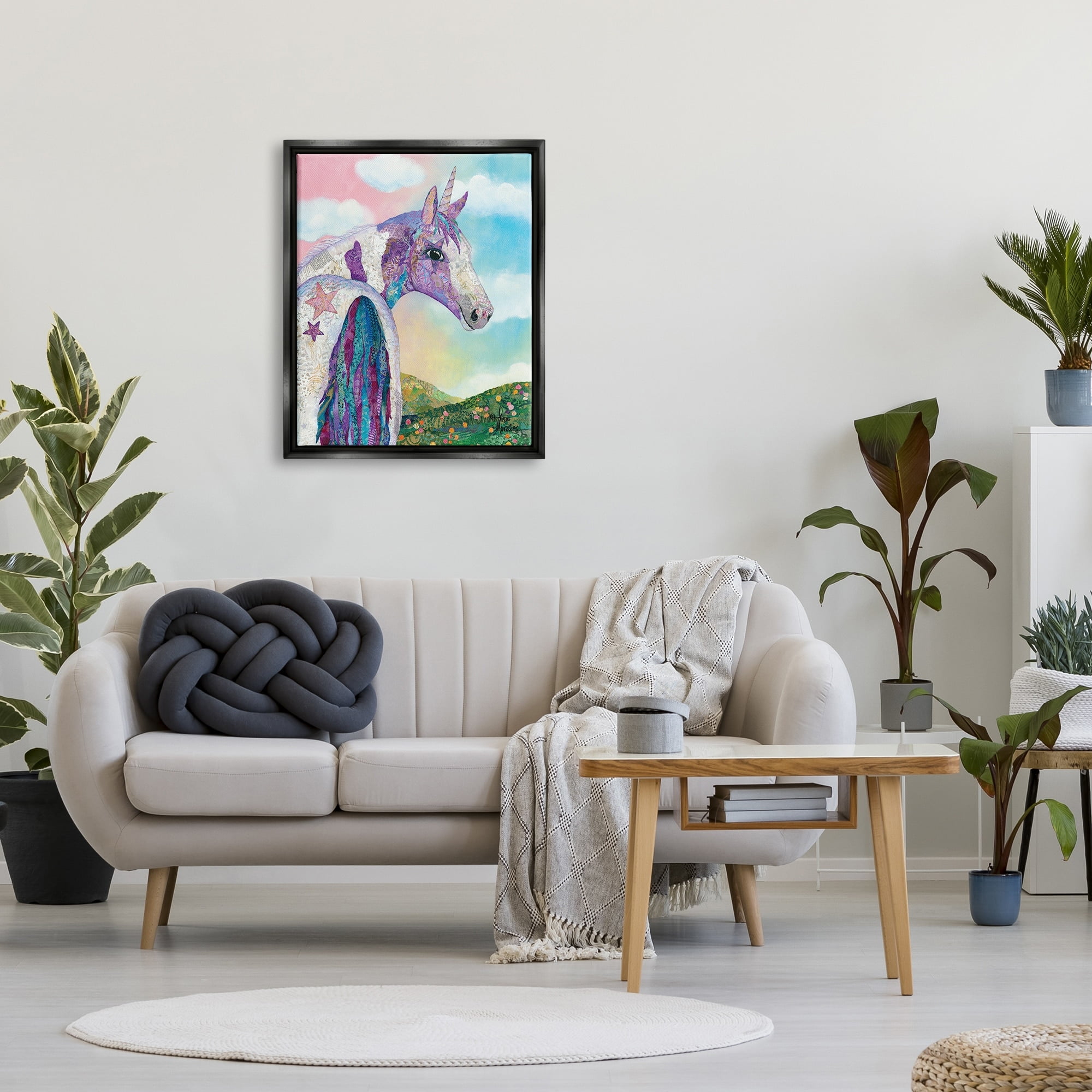 Stupell Industries Starry Eyed Unicorn Floral Fantasy Meadow Collage Painting Jet Black Floating Framed Canvas Print Wall Art, Design by Lisa Morales