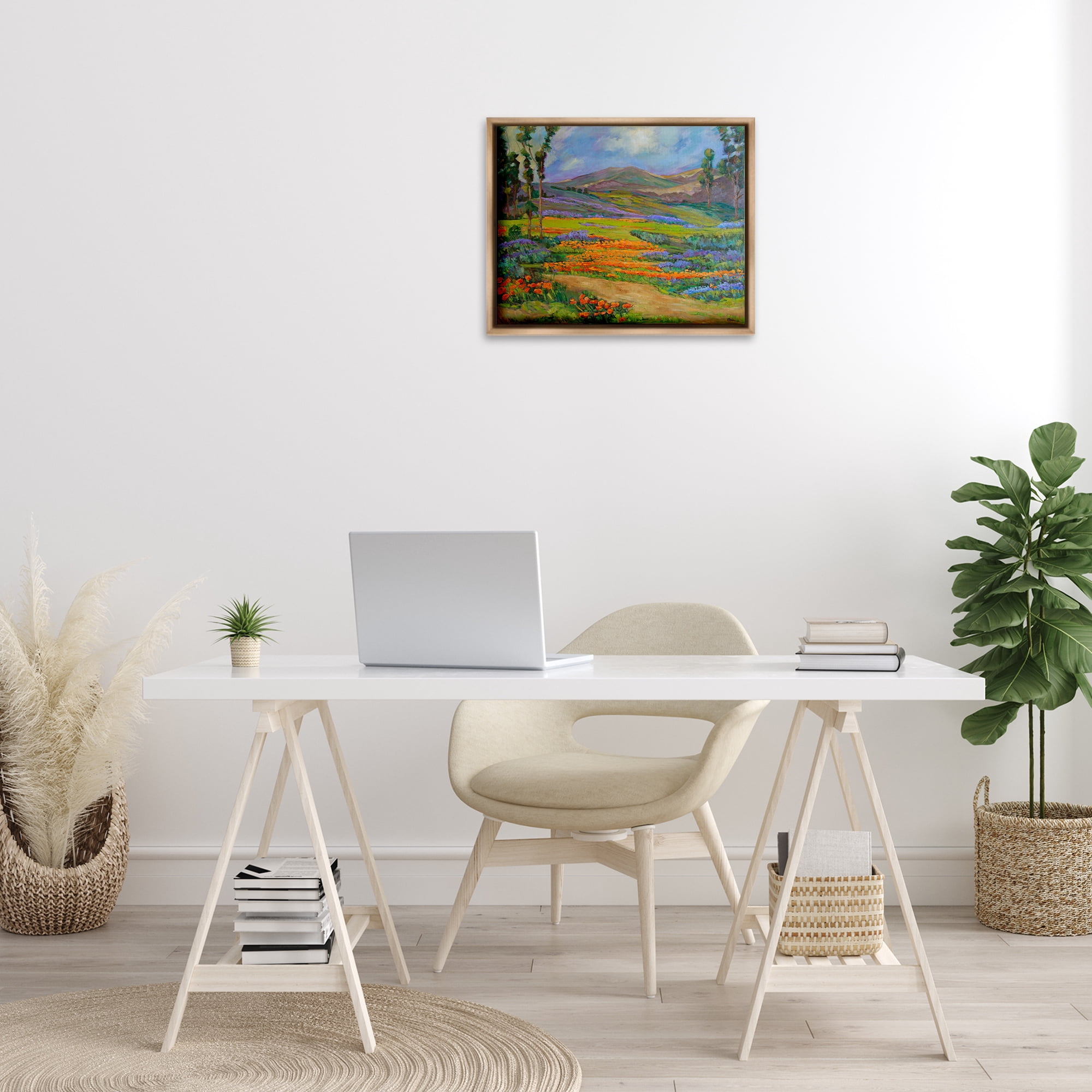 Stupell Industries Bountiful Meadow Landscape Landscape & Nature Painting Brown Floater Framed Canvas Art Print Wall Art, 21 x 17