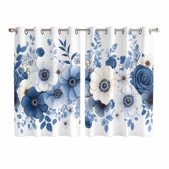 White Blue Floral Kitchen Curtains 72 Inch Length, Elegant Leaves Spring Flowers Grommet Top Bedroom Living Room Curtains, Light Filtering Cafe Curtain Drapes 2 Panels Set 104''x72''