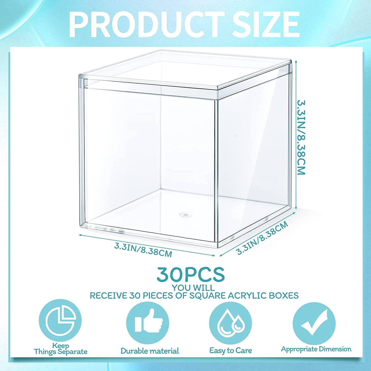 30pcs Sturdy Acrylic Storage Boxes, Clear Plastic Square Cube Containers with Lid, 3.3 x 3.3 x 3.3 Inch, for Candy, Jewelry, Organizer, Storage Boxes