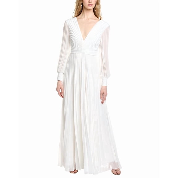 Badgley Mischka womens Pleated V-Neck Gown, 8, White