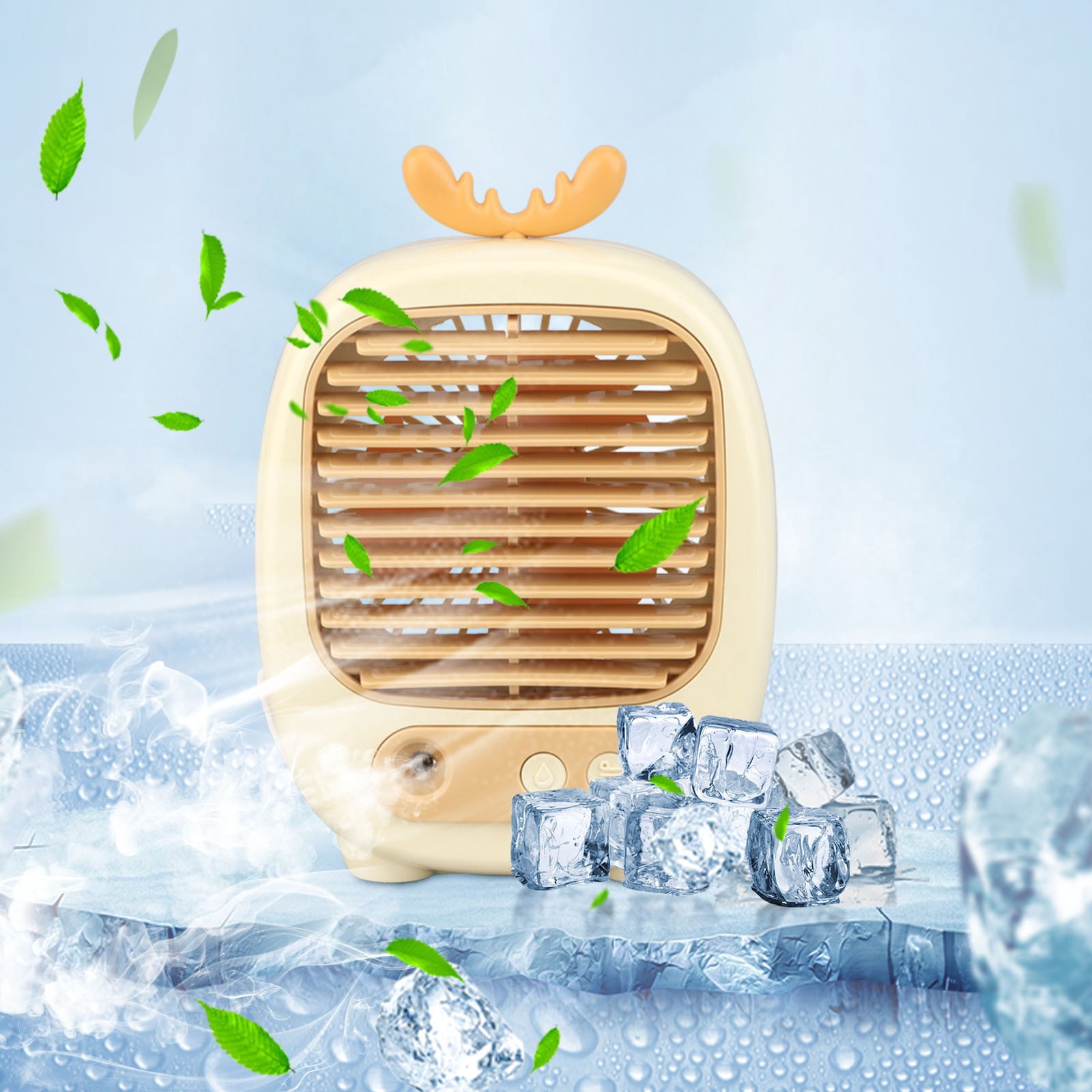 Cute Antler Design Portable Evaporative Air Cooler, 3-in-1 Mist Humidifier Desktop Fan for Home & Office