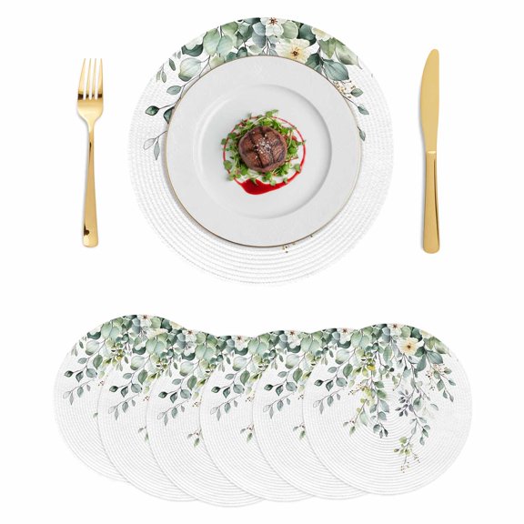 Round Placemats Botanical Boho Floral 15 inch Set of 6 Table Mats for Dining Table Eucalyptus Leaf Flower Heat Resistant Non-Slip Kitchen & Home Decorative Place Mat Set