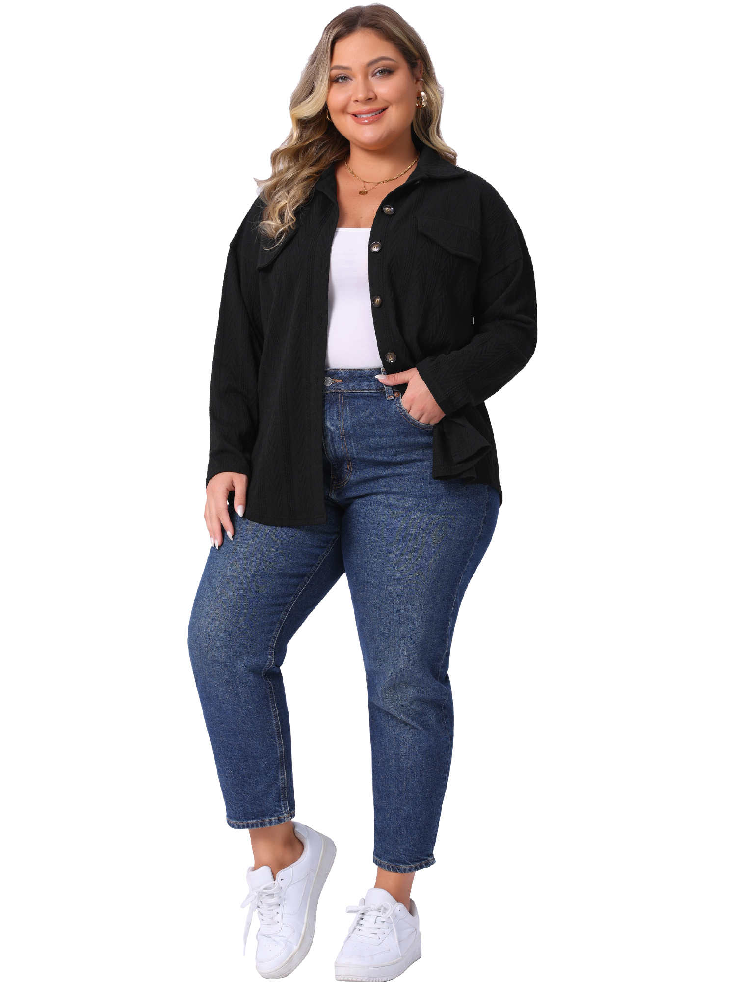 DARING DIVA Women's Plus Size Knit Casual Long Sleeve Button Down Shirts 2X Black