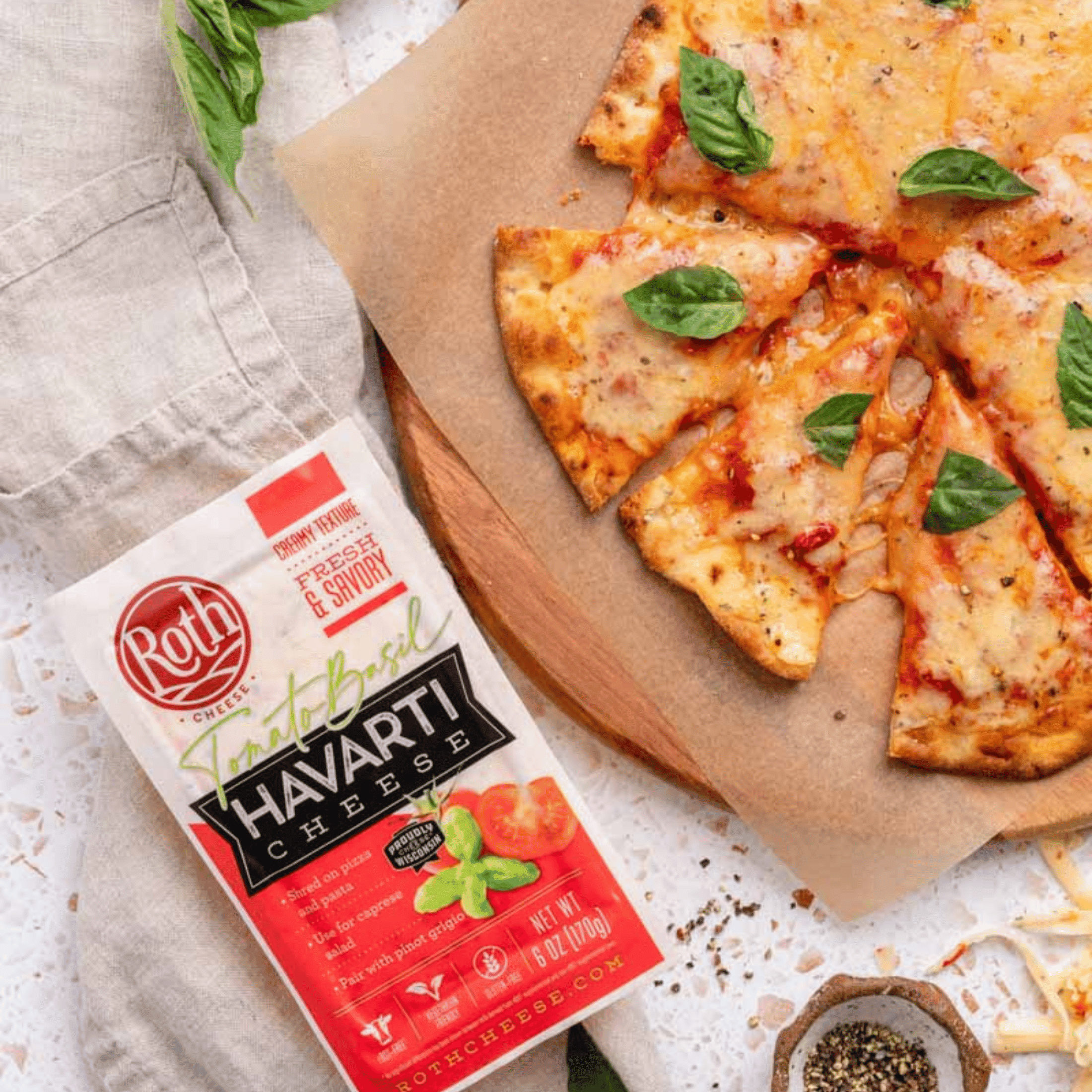 Roth Gluten Free Block Tomato Basil Havarti Cheese, 6 oz Fresh Plastic Wrapped