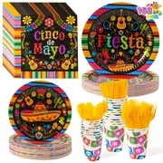 Joyfy 168Pcs Mexican Fiesta Party Supplies Tableware Set,Cinco De Mayo Themed Tableware with Paper Plates Napkins Cups Tablecloth Banner for Mexican Fiesta Party Decorations,Serves 24