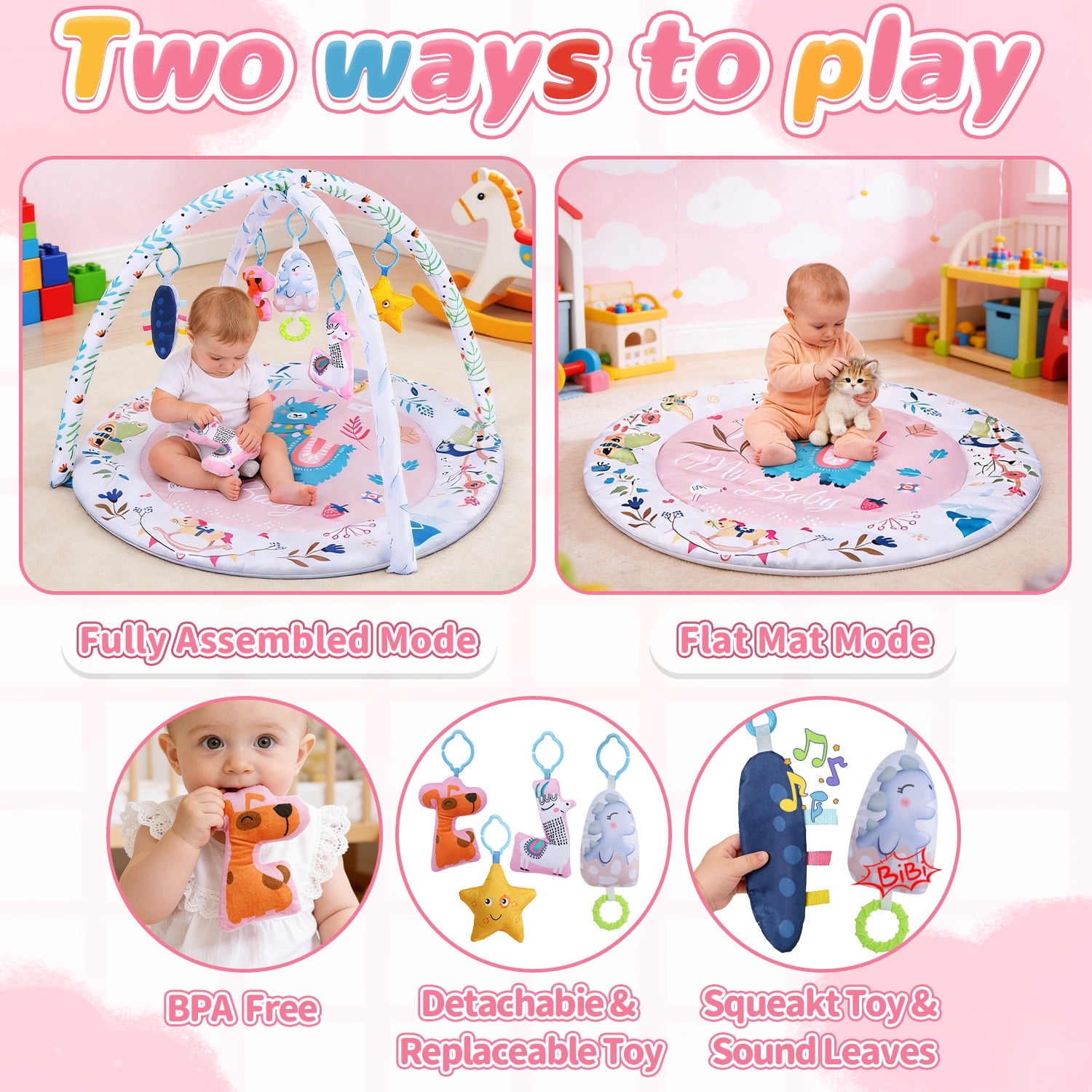 JoyStone Baby Gym Play Mat Activity Mat with 6 Detachable Toys, Round Tummy Time Play Mat for Newborns & Infants 0–12 Months