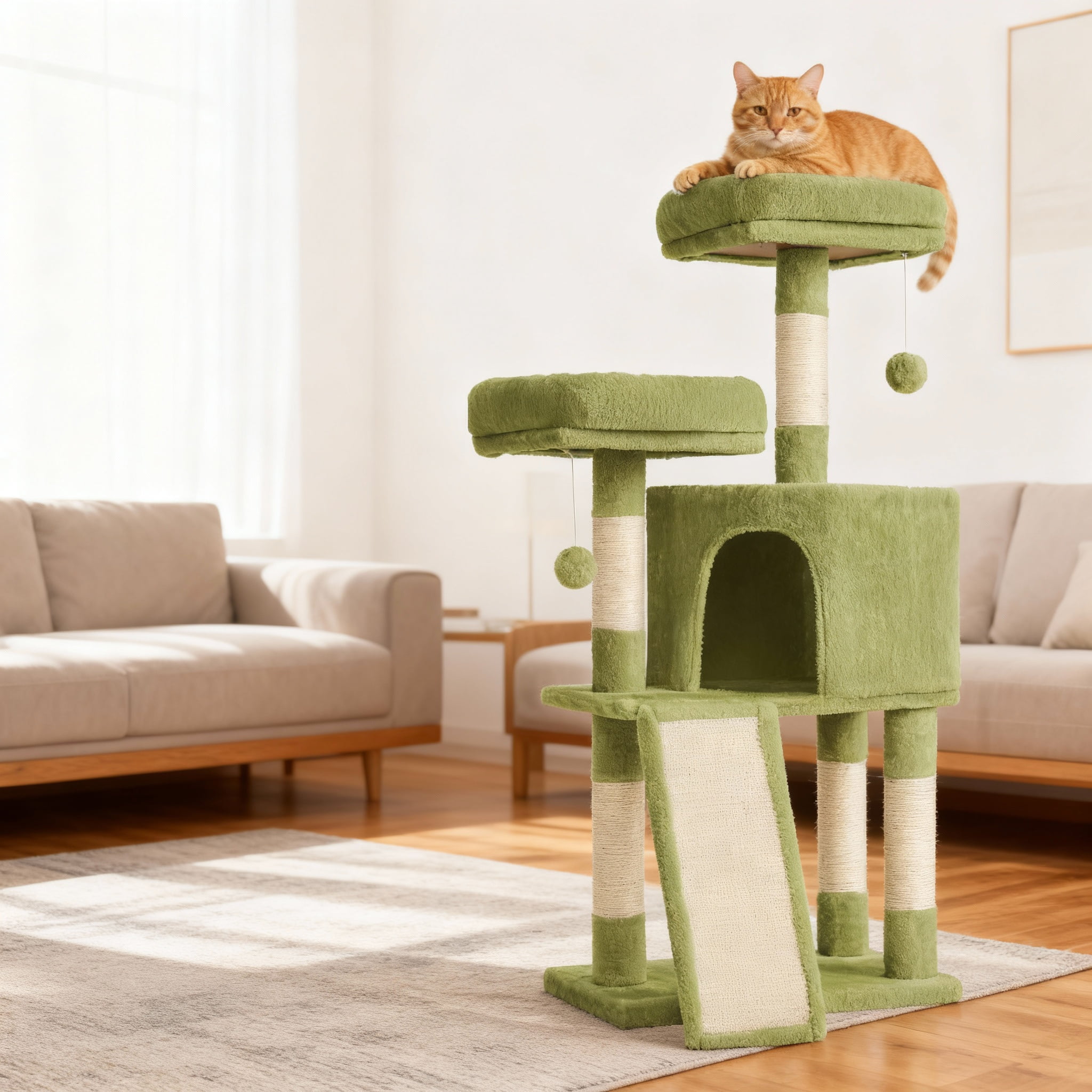 LEDREM Cat Tower, 45.3-Inch Indoor Cat Tree with Scratching Ramp, Perches, Spacious Cat Cave, Multi-Level Condo for Kittens, Adult Cats, Grass Green