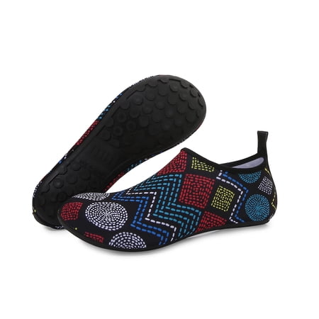 Men and Women a Slip On Barefoot Quick-Dry Beach Aqua Yoga Water Shoes (Geometric/Black  11-12 Women/9.5-10 Men)