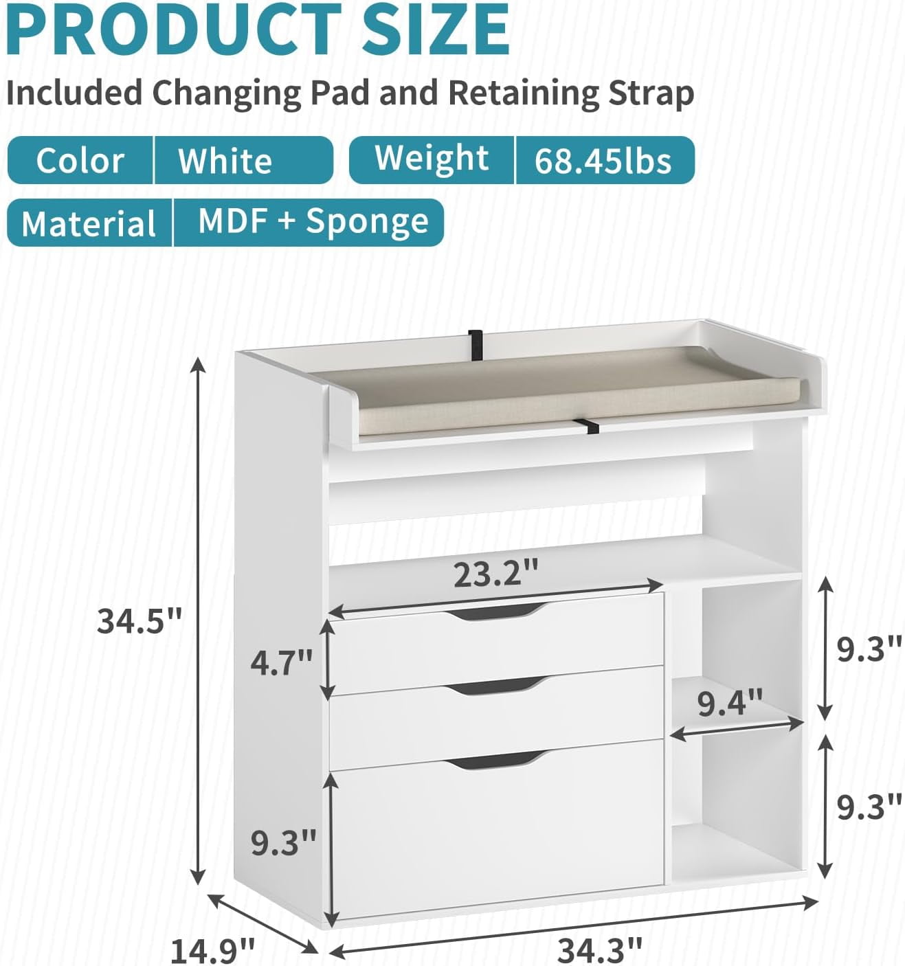 Linor Baby Changing Table Dresser with 3 Drawers and 3 Storage Shelves, Can be Used as a Baby Dresser with Changing Table Top, a Baby Changing Station, a Wood Diaper Changing Station (White)