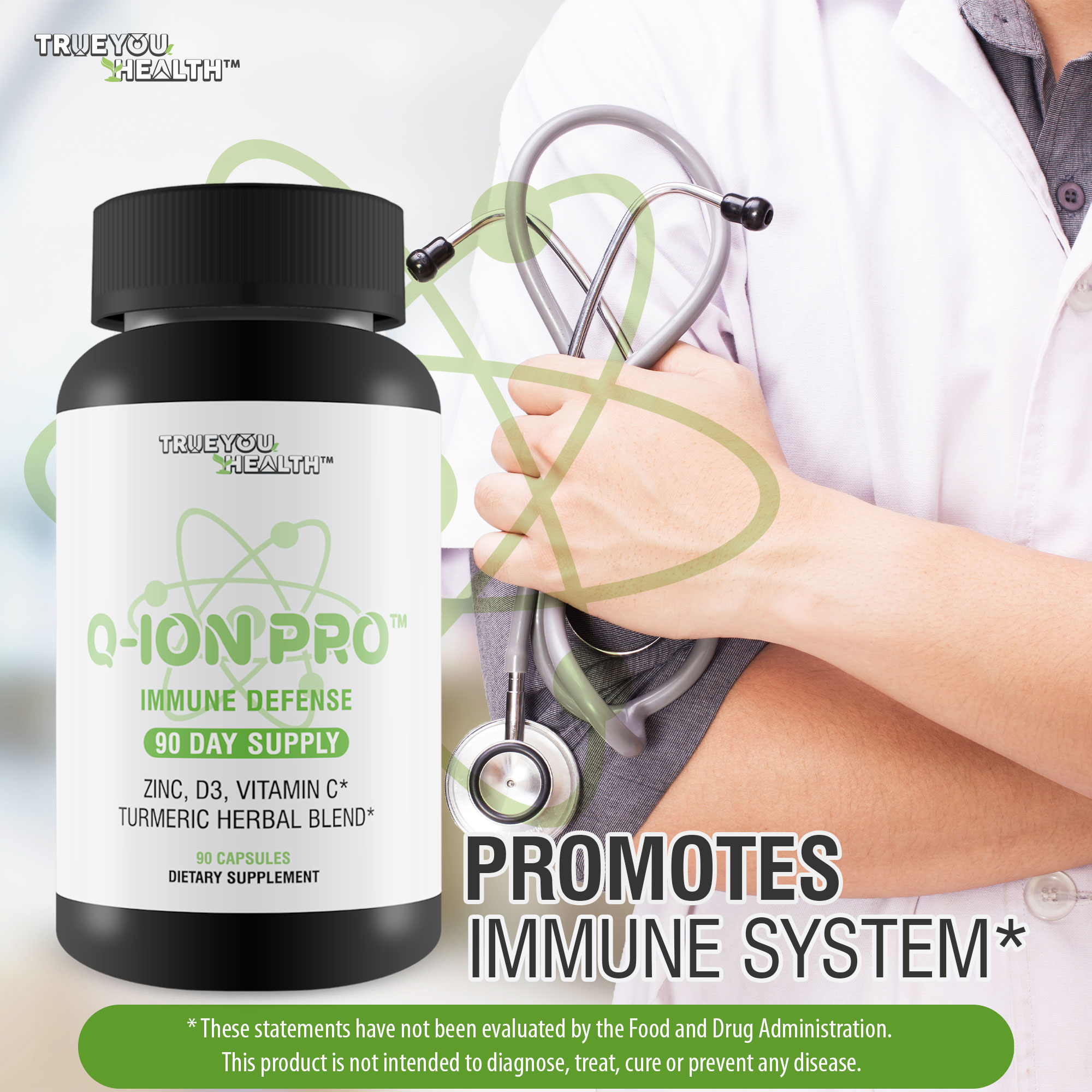 Q-Ion Pro - Immune Defense Formula - 90 Day Supply - Natural Immune Support Supplement - Promote Healthy Immune Response & Immune System - High in Antioxidants - Vitamin C, Vitamin D3, Zinc, Turmeric