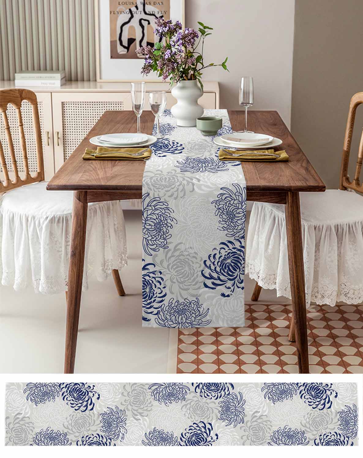 Table Runners 72 Inches Long Dress Scarves, Blue White Farmhouse Kitchen/Dining Table Runner, Coffee Tablerunners, Abstract Grey Chrysanthemum Flower Floral 13x72 Inch