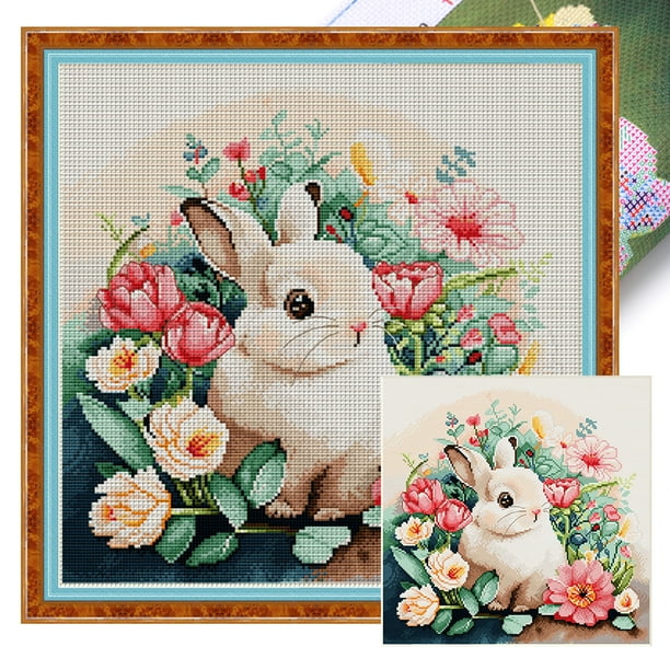 Hilo Algodón Ecológico JShteea Bordado 11CT 3 Hebras Impresión 50*50cm Conejo Entre Flores