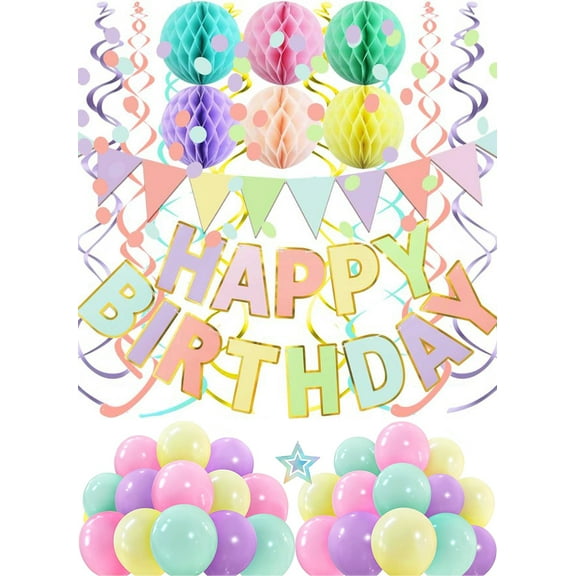 MRSXXNTY Macaron Superlarge Alphabet Happy Birthday Banner Colorful Flag Bunting Circle Confetti Garland Swirl Streamers Honeycomb Ball for Birthday Party Decorations