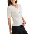thumbnail image 4 of INSPIRE CHIC Women's Tops Ribbed Knit V Neck Button Henley Short Sleeve Blouse XS White, 4 of 6