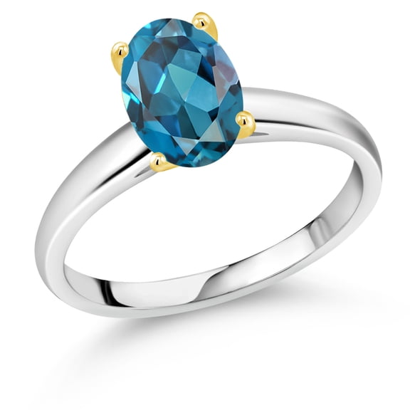Gem Stone King 925 Silver and 10K Yellow Gold London Blue Topaz Solitaire Engagement Ring for Women | 2.25 Cttw | Oval 9X7MM | Gemstone November Birthstone (Size 8)