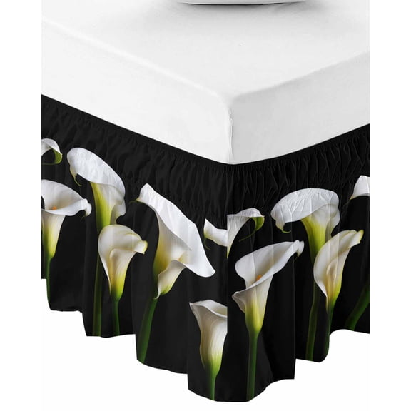 White Floral Bed Skirt Queen Size 18 Inch Drop, Wrap Around Bed Skirts, Modern Art Summer Botanical Watercolor Elastic Bedskirt Pleated Bed Frame Cover Luxurious Dust Ruffle for Queen Bed