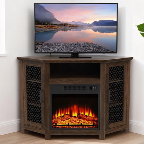 Farmhouse 45-Inch Electric Corner Fireplace TV Stand for TVs up to 55", Media Console Table with Adjustable Shelves, Metal Mesh Design