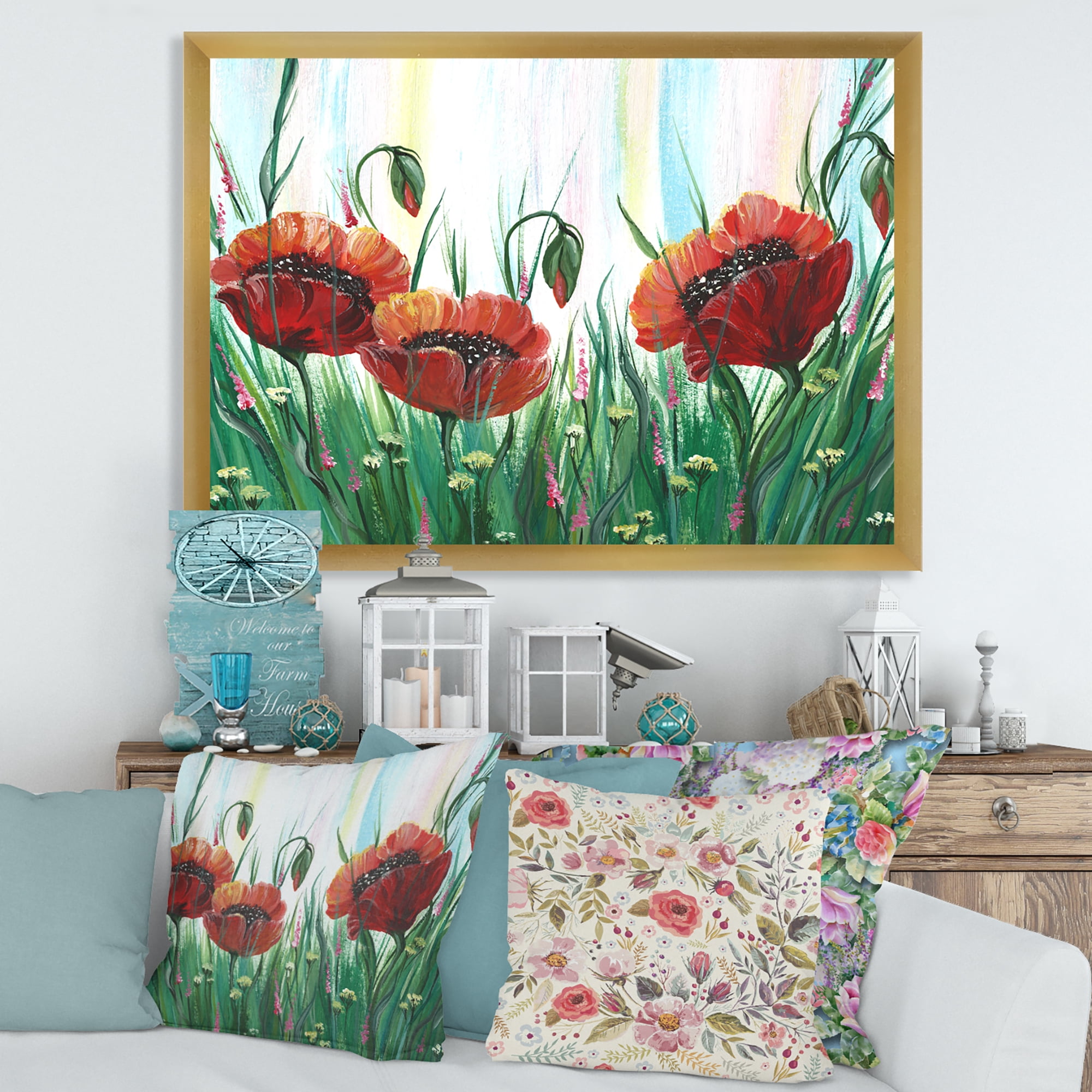 Designart 'Three Red Bright Poppy Flowers On A Green Meadow' Traditional Framed Art Print