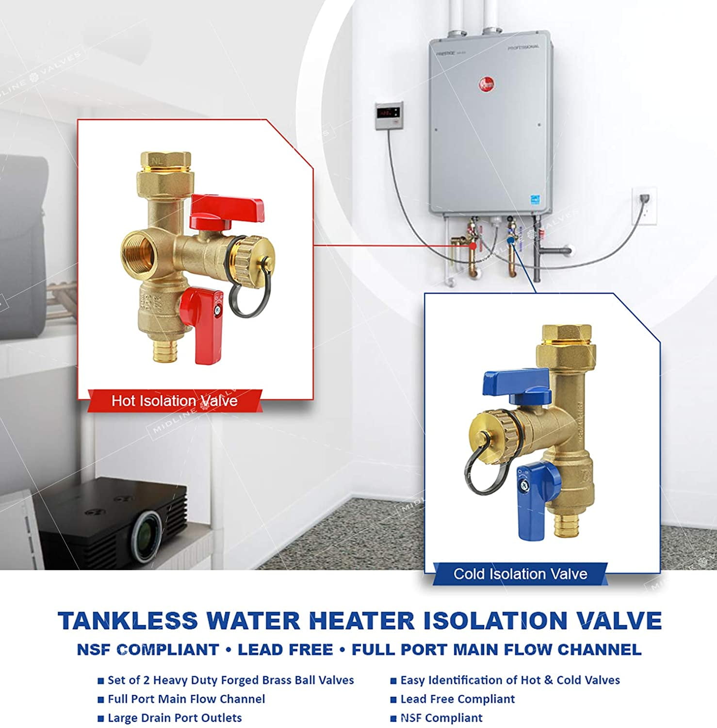 Midline Valve Tankless Water Heater Kit- Set of 2 Heavy Duty Hot and Cold Isolation Valves with Cleanouts, Lead-Free, Full Port, Water Shut-off, Forged Brass, 3/4 in. Pex Connections