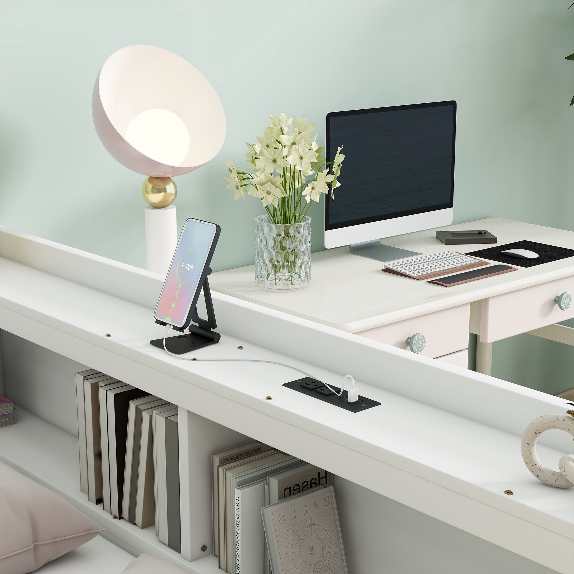 Sailvan Full Size L-shaped Bookcases Bed with Power Outlets, USB Charging Ports,Two Drawers